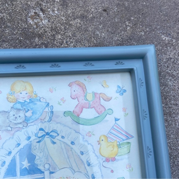 Vintage 60s children’s nursery illustration lullaby pastel in blue frame home - Picture 3 of 3